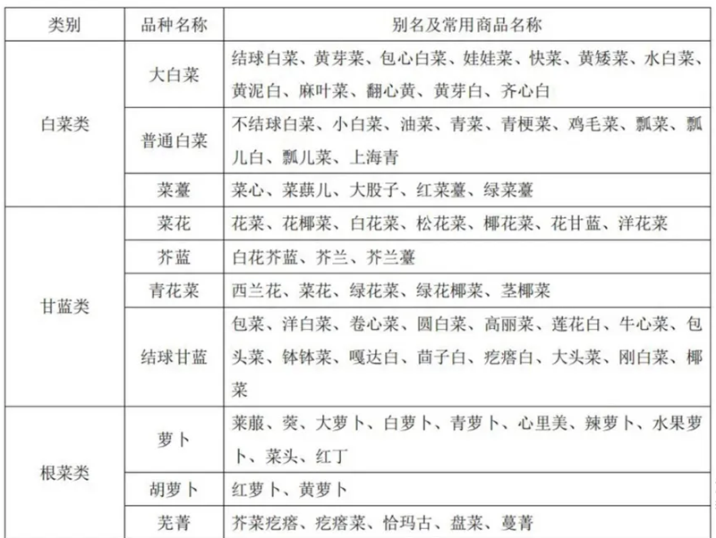 蔬菜别名及常用商品名称对照表